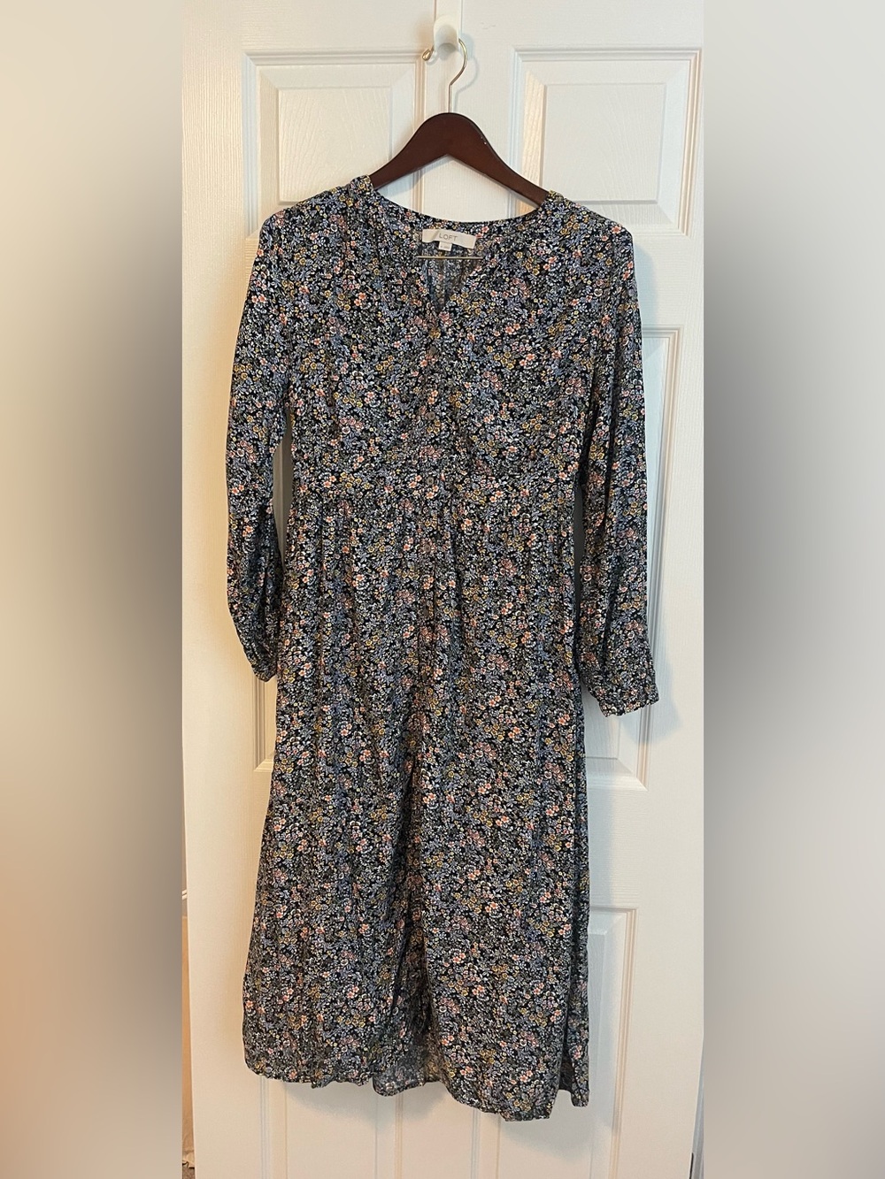 LOFT Black Floral Long-Sleeve Midi Dress